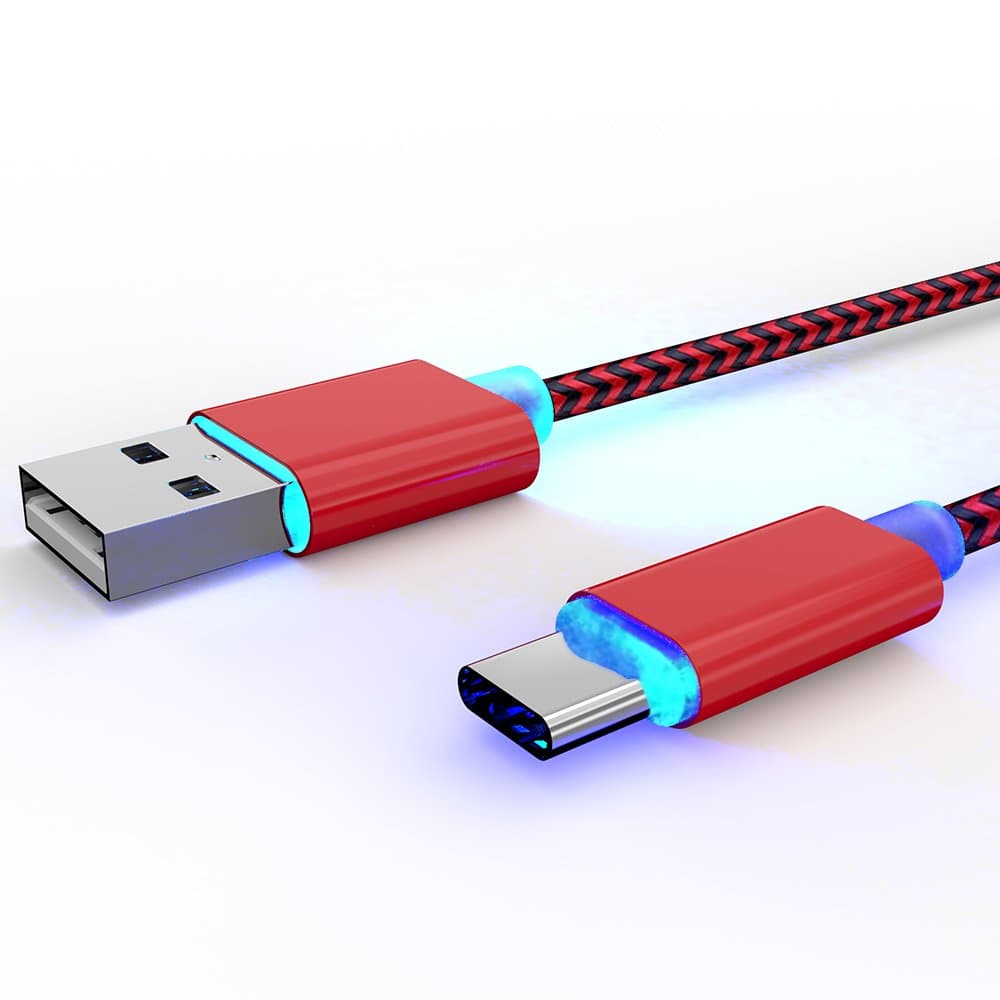 Led Light USB TypeC Cable - 10ft Nylon Braided USB Type C Charger Cord for New Android, Sumsung, Nexus, LG, Sony Devices with Type C Connector(Red)