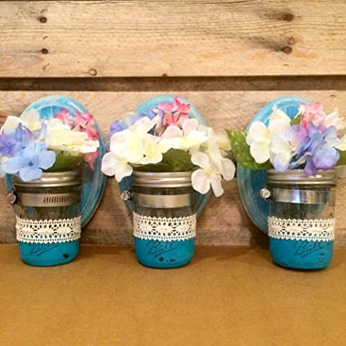 Rustic Peacock Blue and White Mason Jar Wall Sconces