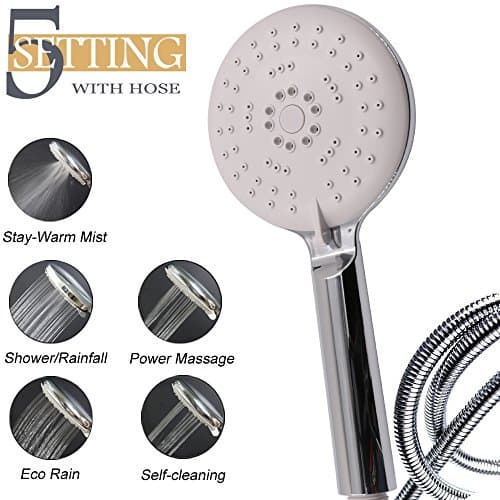 Luxury 5-Way Rainfall Style White Face Handheld Showerhead Universal Showering Components with Hose, Self-cleaning