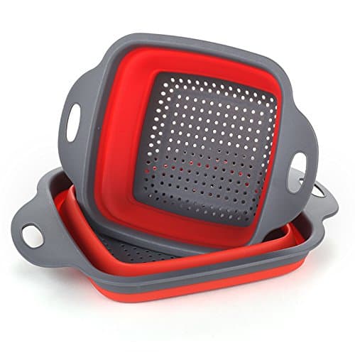 Foldable Collapsible Kitchen Colander 2 Pcs square Collapsible washing up bowl Silicone Strainer Set Filter Food Strainers basket 2 sizes (Red)