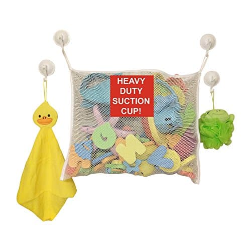 Bath Toy Organizer Storage Bag, Fast Drying Mesh Bag + 4 Heavy Duty Strong Hooked Suction Cups - Large, White, Mold Free