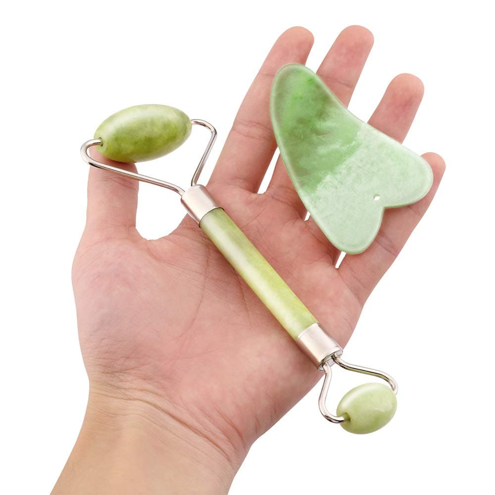 Jade Roller for Face and Gua Sha Scrapping Massage Tools Set -100% Natural Jade Facial Roller Slimming Tool