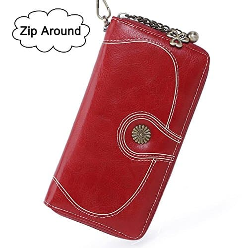 Women's RFID Blocking Leather Clutch Wallet with Wrist Strap Large Capacity Card Holder Organizer Purse Wallets for Ladies Girls (#2 Wine Red)
