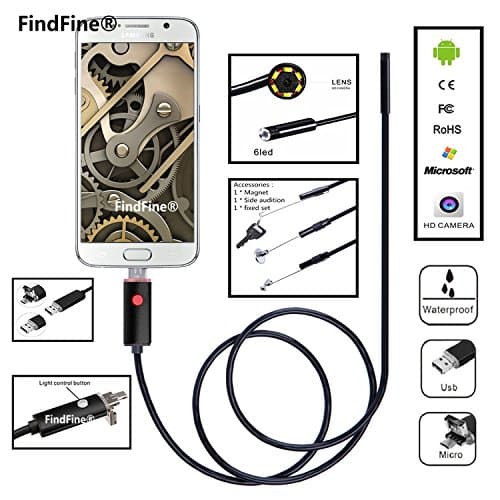 Black 2M 6.5FT Cable 5.5mm Lens 2 In 1 Dual Usb Android Endoscope HD Waterproof Snake Borescope USB Camera For Android Smartphone or Windows PC FindFine