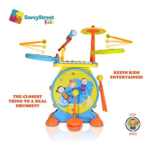 Toddler Drum Set Instruments with steady stool, movable/clear-sounding microphone, and child-safe drumsticks