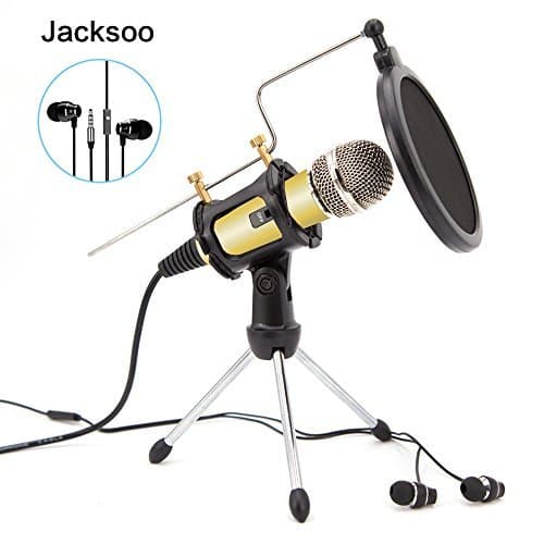 Jacksoo Home Studio Condenser Microphone with Earphone/Earbuds Microphone Stand for Iphone Android PC Recording,Live,Podcasting,Mini Desktop MIC Stand dual-layer acoustic popfilter(Gold)