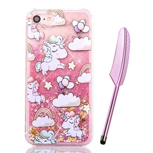 iPhone 7 Glitter Case, iPhone 7 Liquid Case, Cute Lovely Cartoon Unicorn Rainbow Cloud Balloon Design, Edaroo Stars Pink Quicksand Moving Luxury Bling Glitter Floating Dynamic Flowing Transparent Hard Case Cover for 4.7 inch iPhone 7 with Free Stylus