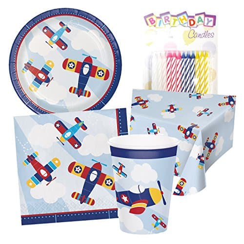 Lil' Flyer Airplane Birthday Party Tableware Deluxe Bundle Includes Plates Napkins Cups Table Cover Serves 16