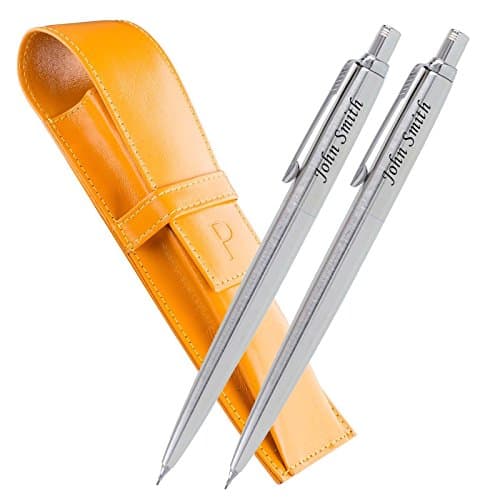 Personalised Laser Engraved Gift Idea – PARKER with Leather Case - Jotter Set 2 x Pencil Silver & Pagani Orange