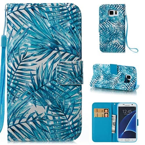 Galaxy S7 Case, Firefish Synthetic Leather Shell Wristlet Strap Flip Folio Stand Cover Full-Body 3D Painted Protective Wallet Cover with ID&amp;Credit Card Pockets for Samsung Galaxy S7 5.1 inch-Leaves
