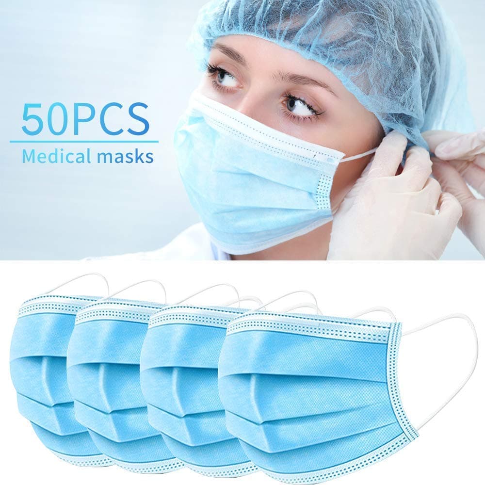 sanrense Disposable Earloop Face Mask-Protect Yourself from Dust, Germs and Pollen – Ideal for Medical, Surgical, Catering and Construction Workers (50, Blue)