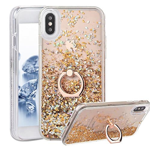 iPhone X Case With Ring Liquid - USAcases Finger Ring Stand Holder Kickstand Moving Quicksand Slim Fit Crystal Clear Floating Luxury Glitter Sparkle Diamond for iPhone X (Diamond Gold)