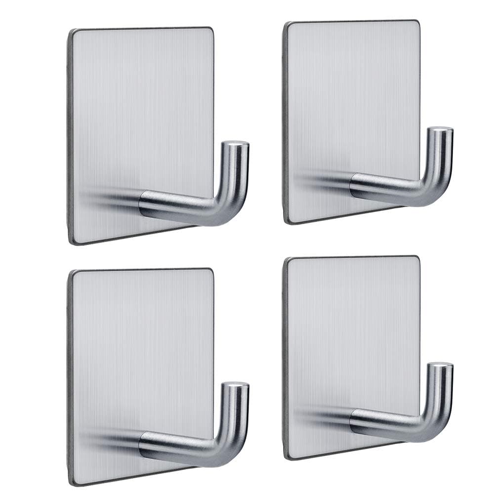 Adhesive Hooks Coat Hooks Heavy Duty Wall Hooks for Hanging Bathroom Kitchen Home Stick on Wall Silver-4 Packs