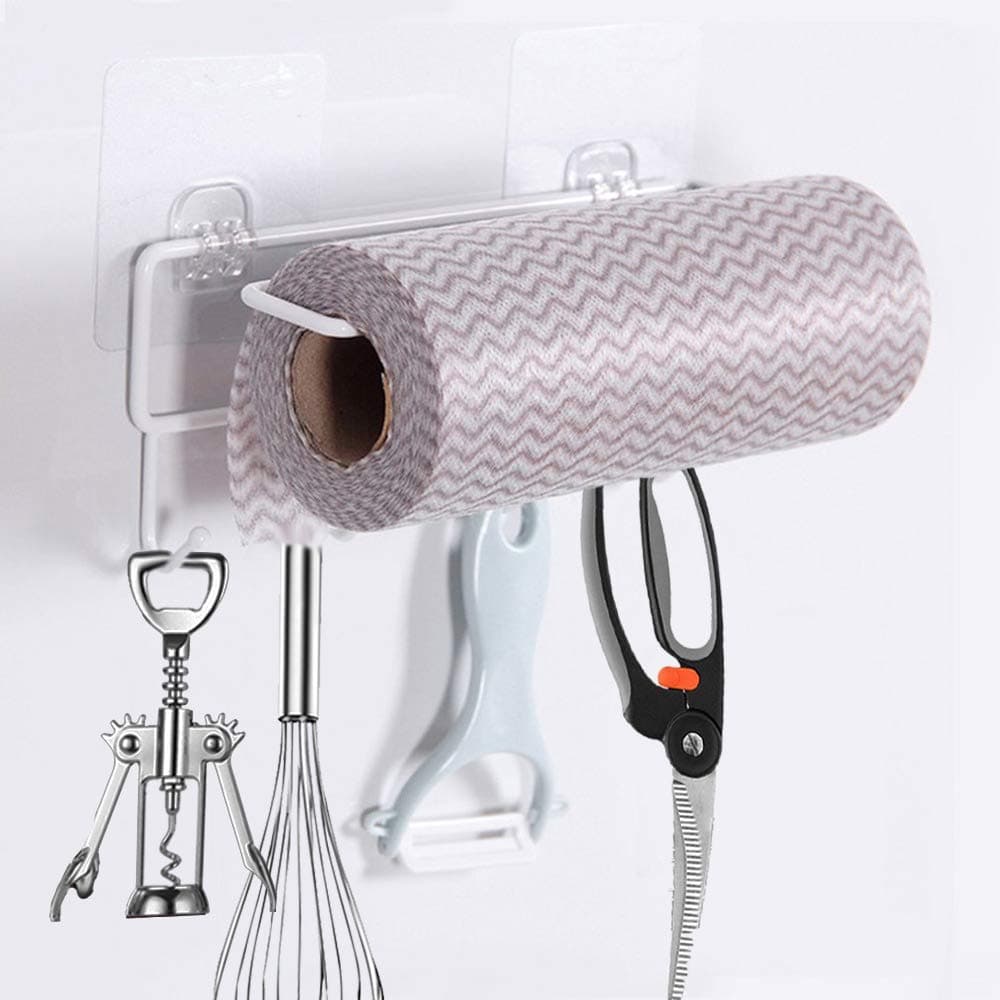 EigPluy Kitchen Utensil Rack Multifunction Utensils Hanging Hooks with Paper Roll Holder, Drilling Free Hanger Hooks for Hanging Knives,Spoons,Can Opener,Towels,Paper Roll,Kitchen Plastic Wrap(White)