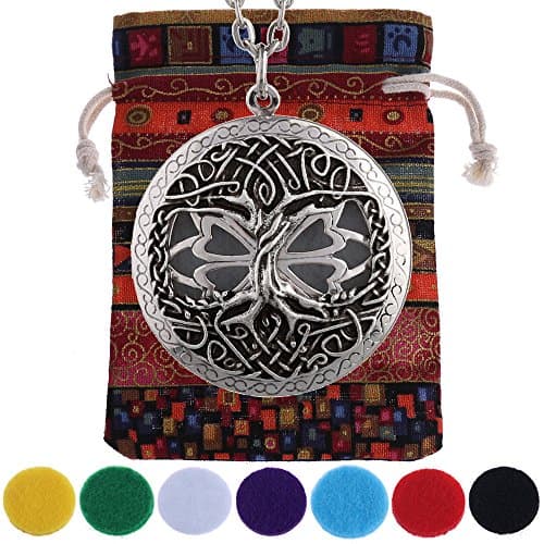 Aromatherapy Essential Oil Diffuser Antique Silver Lockets Tree of Life Celtic Knots Pendant Necklace + Link Chain + 7pcs Random Color Refill Pads + Gift Pouch (XSH-516)