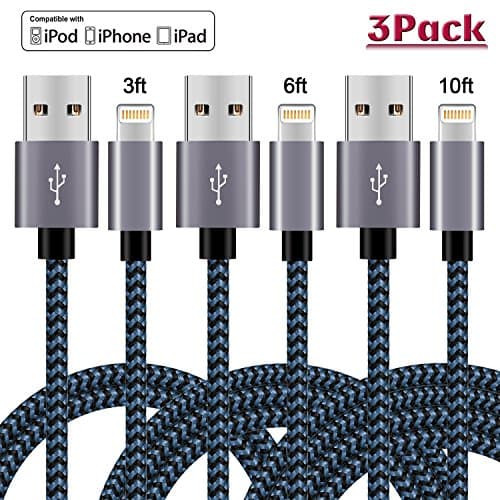 Bestronic iPhone Charger 3Pack 3FT/6FT/10FT(1M/2M/3M) Nylon Braided 8 pin Charging Cables USB Charger Cord, Compatible with iPhone 7/7 Plus/6s/6s Plus/6/6 Plus/5/5S/5C/SE/iPad and iPod(Black&amp;Blue)