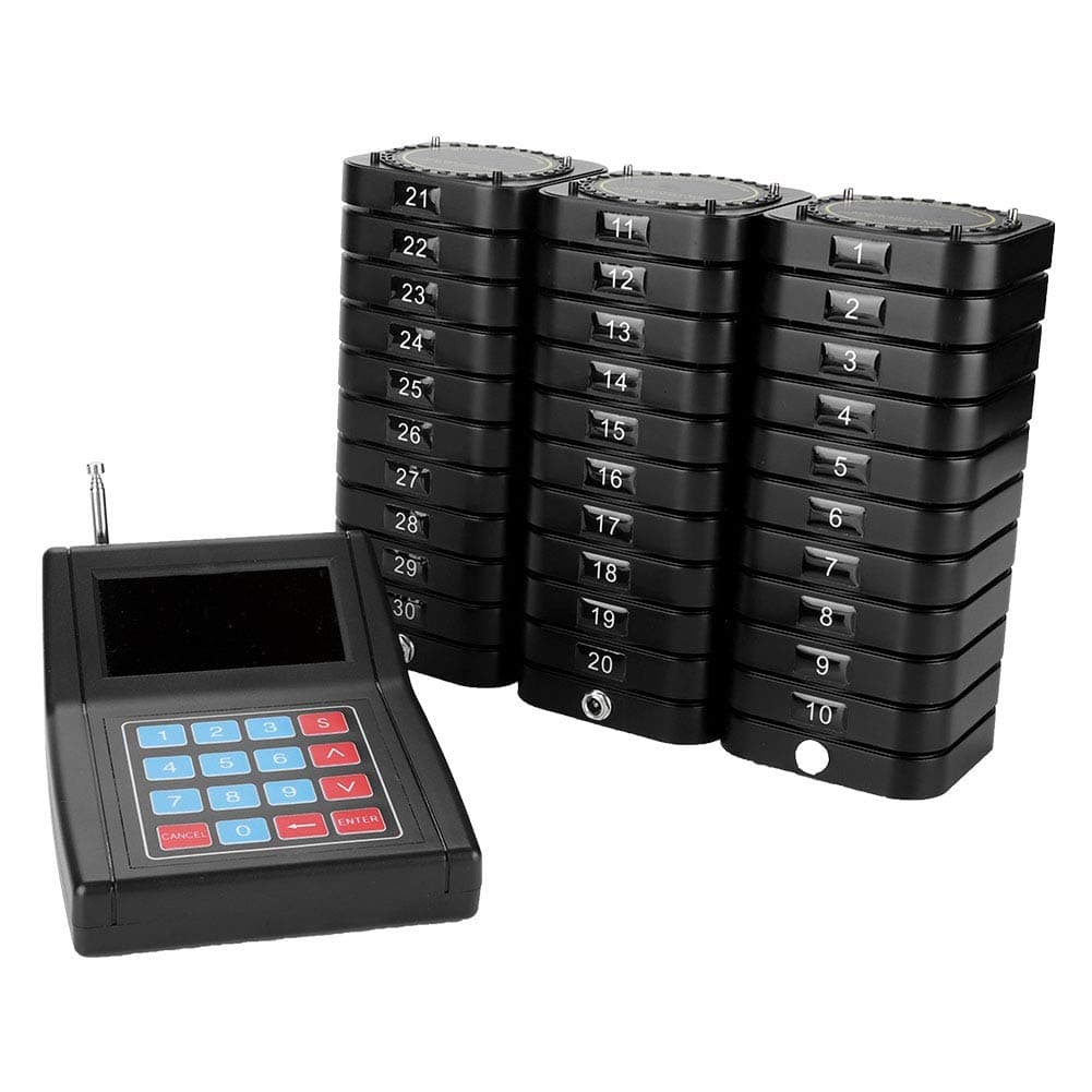 Tangxi Restaurant Pager System, Wireless Calling System,Long Range Paging System with 30 Coaster Pagers and 1 Numeric Keyboard Transmitter for Restaurant Clinic Church Cafe Shop(UK 100-240V)