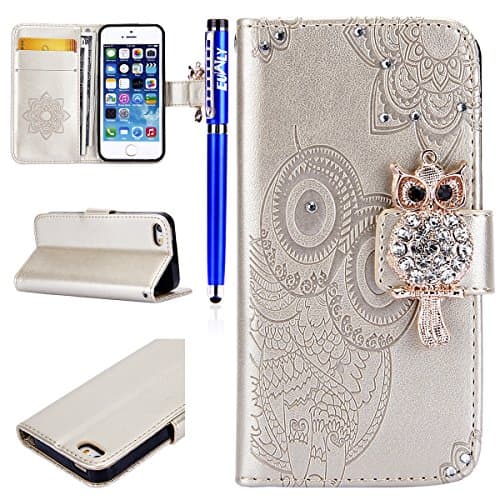 EUWLY iPhone 5S/SE Case iPhone 5S/SE Leather Wallet Case With Hand Wrist Strap Flower and Owl Embossed PU Leather Case with Bling Glitter Diamond Design Ultra Slim Anti-Shock Anti-Scratch Flip Folio Book Case with [Kickstand] [Card Slots] [Magnetic Closure] for Apple iPhone 5S/SE + 1 x Stylus Pen - Gold