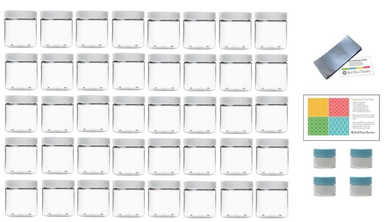 Clear 4 Ounce PET Round Plastic Jars with White Lids, 4 Mini Jars and Shrink Wrap, 40 Pack