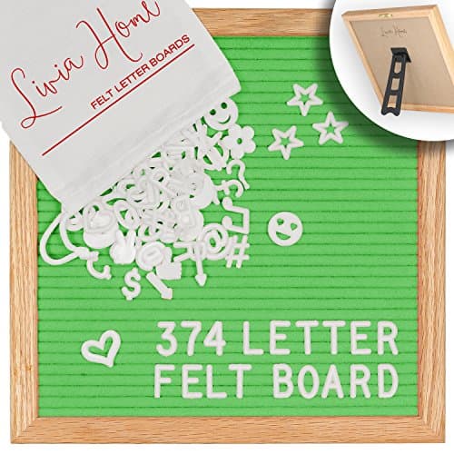 Letter Board - Green Felt with 374 Plastic Changeable Characters - Solid Oak Frame 10 x 10 inch Square - With 7x5 inch Canvas Storage Bag - Vintage Desktop Display by Livia Home