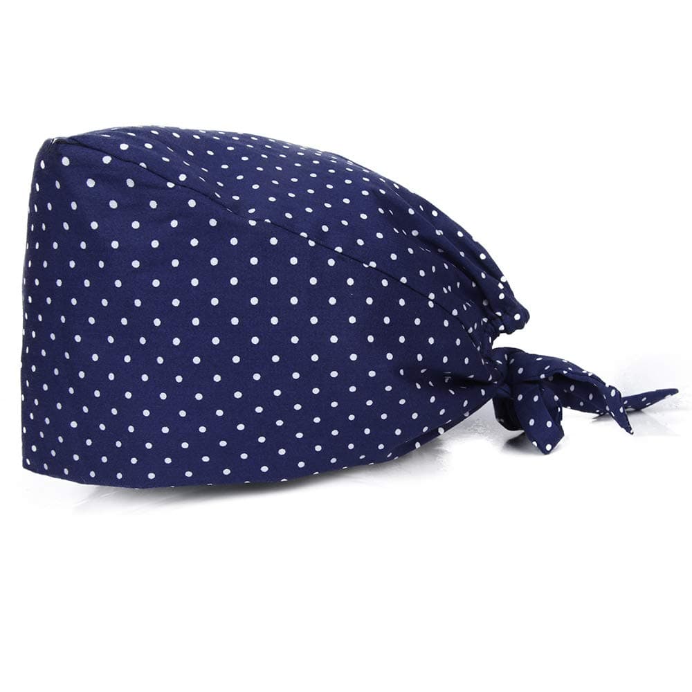Dark Blue and White dots Lace-up Cap Adjustable Bouffant Scrub Caps Surgical Sweatband Cap Doctor Nurse Surgery Cap Headwear Woman/Man