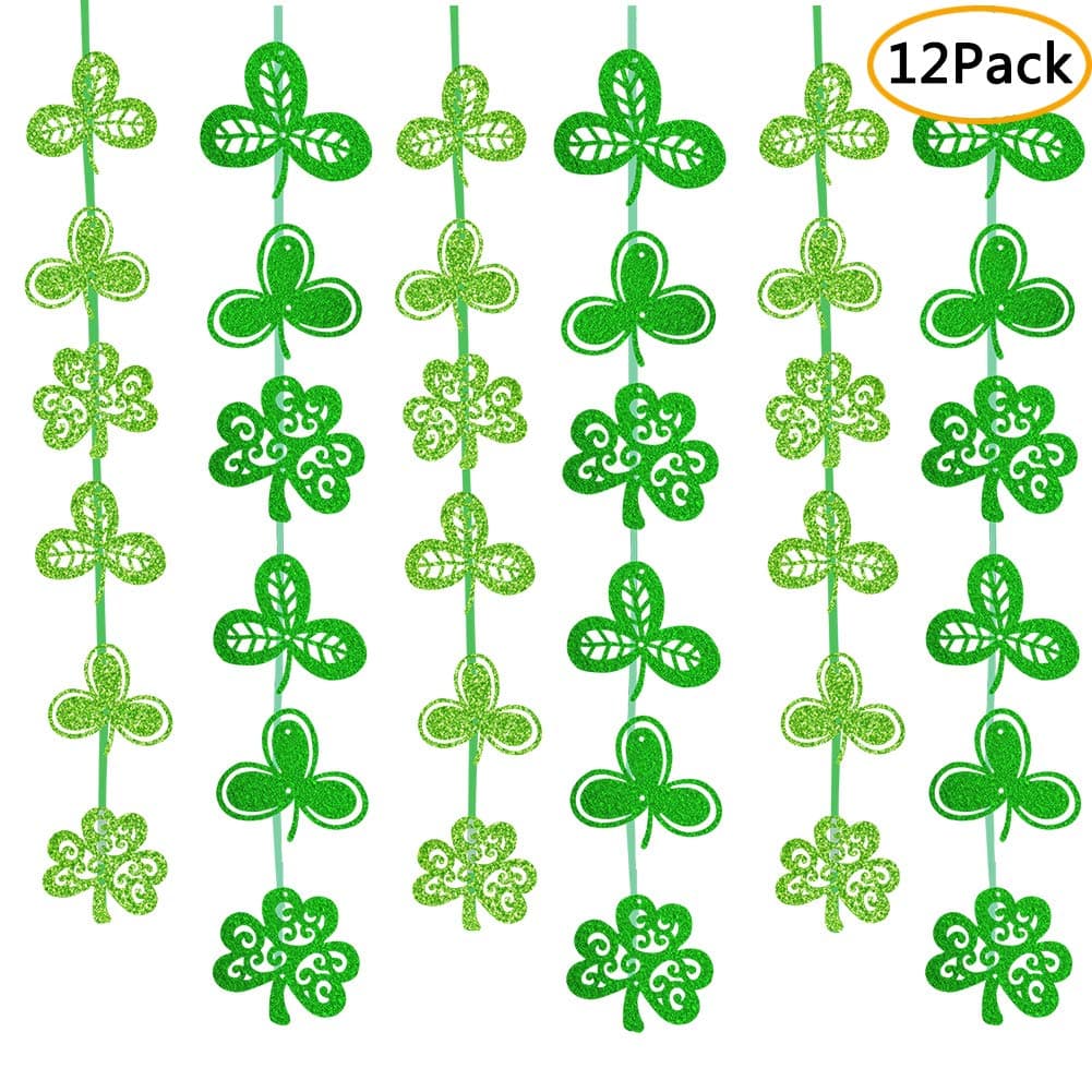 12 Pack St. Patrick’s Day Shamrock Decorations-Irish Clover Hanging Ornaments Garland For Lucky St. Patrick’s Day Supplies
