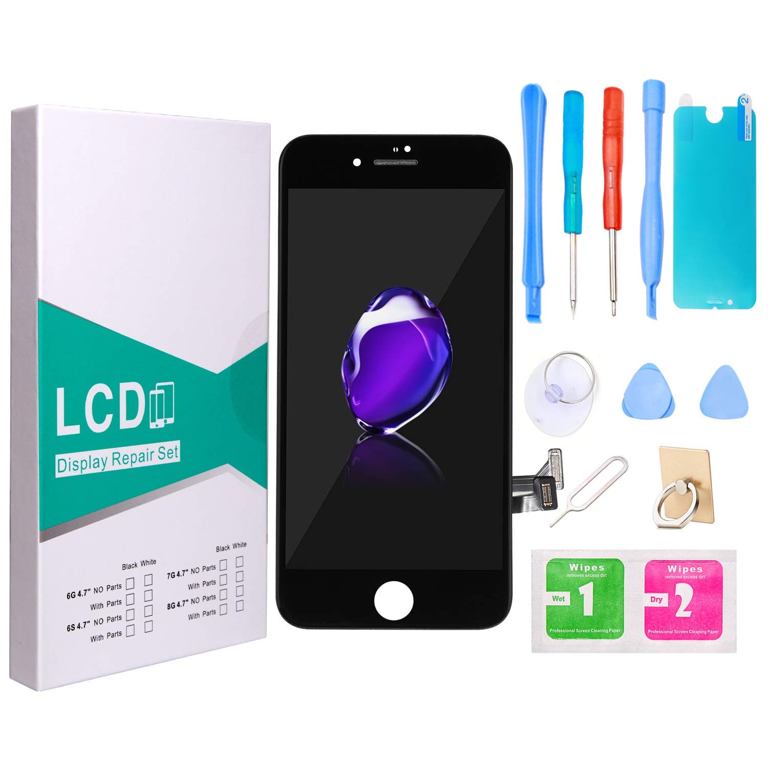 Screen Replacement For iPhone 7 White (4.7 inch) LCD Touch Screen Display Screen Digitizer Frame Assembly with Repair Tool (Black)