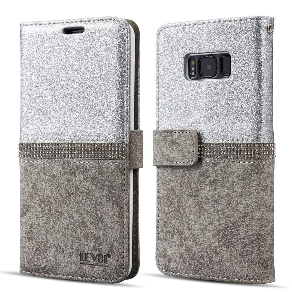 LEVOL Glitter Case for Samsung Galaxy S9 Plus,Bling Diamond Folio Leather Wallet with [Kickstand] [Card Slots] [Magnetic Closure] Flip Slim Case for Samsung Galaxy S9 Plus [Silver]