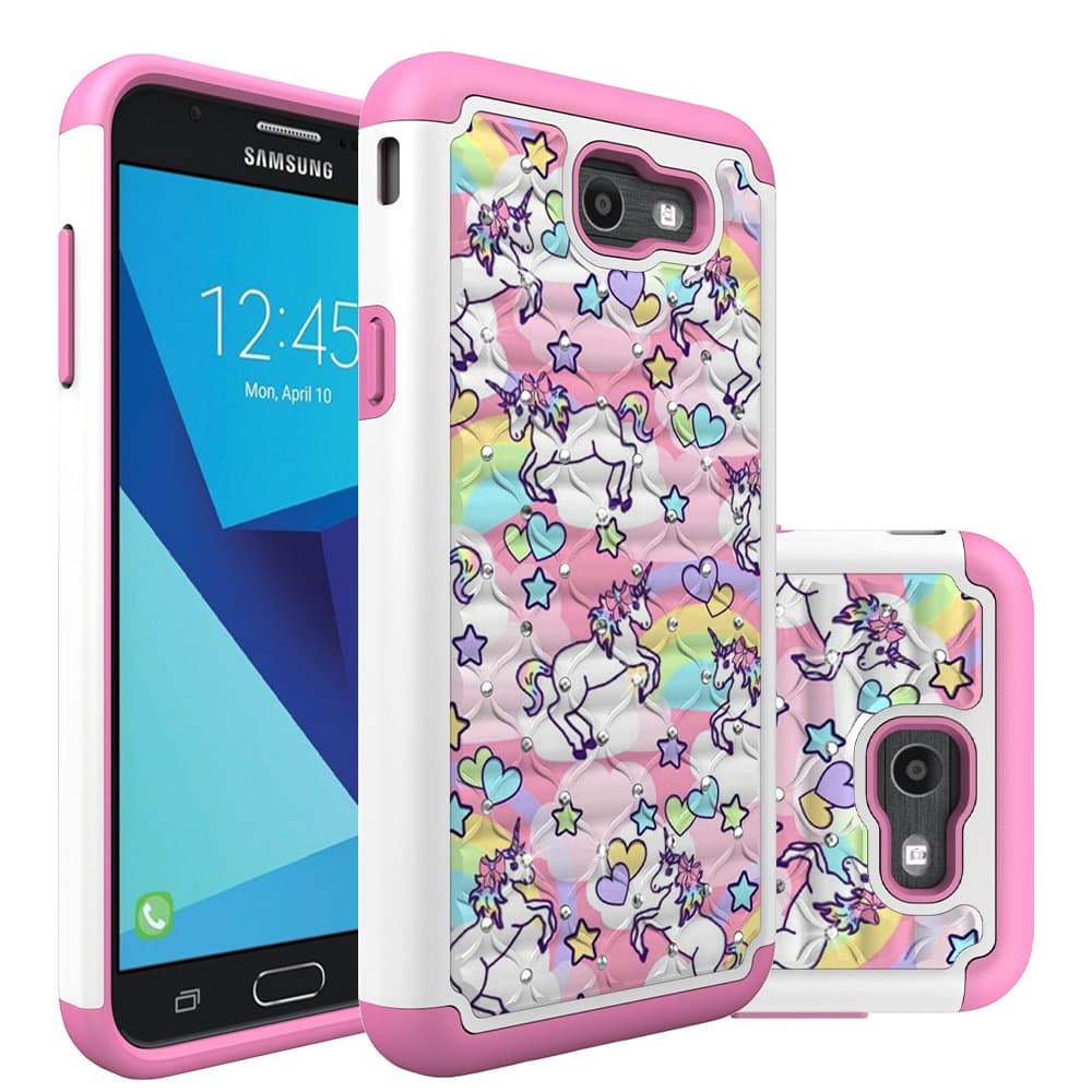 Galaxy J7 V Case, Galaxy J7 Perx Case, Galaxy J7 Sky Pro Case, Heavy Duty Shockproof Studded Rhinestone Bling Hybrid Case Silicone Protective Armor for Samsung Galaxy J7 2017 (Rainbow Unicorn)