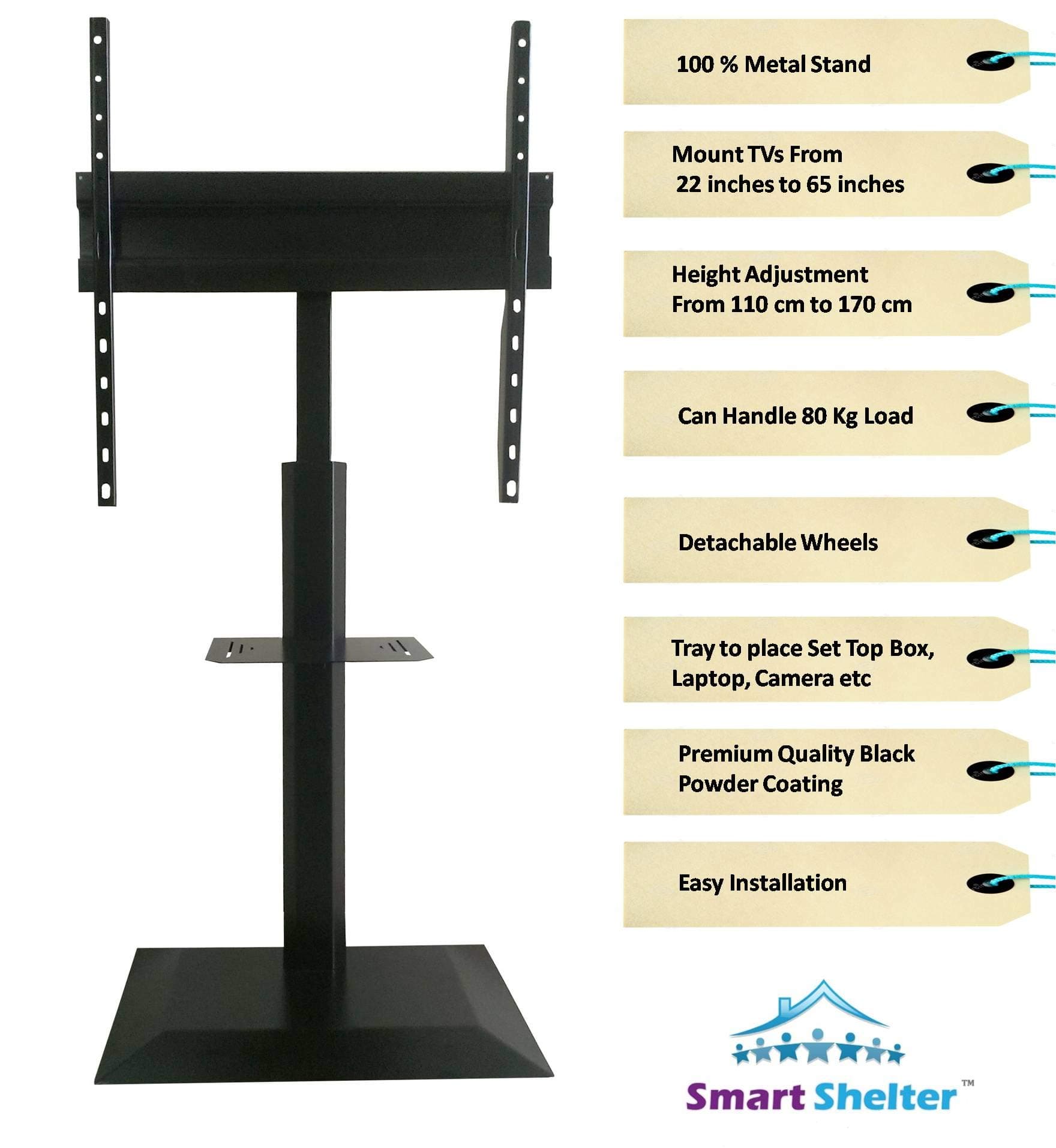 Smart Shelter Universal Foldable Height Adjustable Pedestal Mobile TV Display Trolley/Stand/Mount with Wheels, TV Cart for 22" to 65"/Capacity Upto 80Kgs | 100% Made of Metal