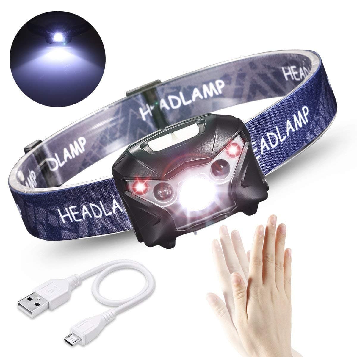 USB Rechargeable LED Headlamp IR Sensor Induction Head Torch, 2X Red Super Bright, Waterproof, Lightweight Headlamps with SOS for Running, Walking, Camping, Reading, Hiking, Fishing, Outdoor Sports