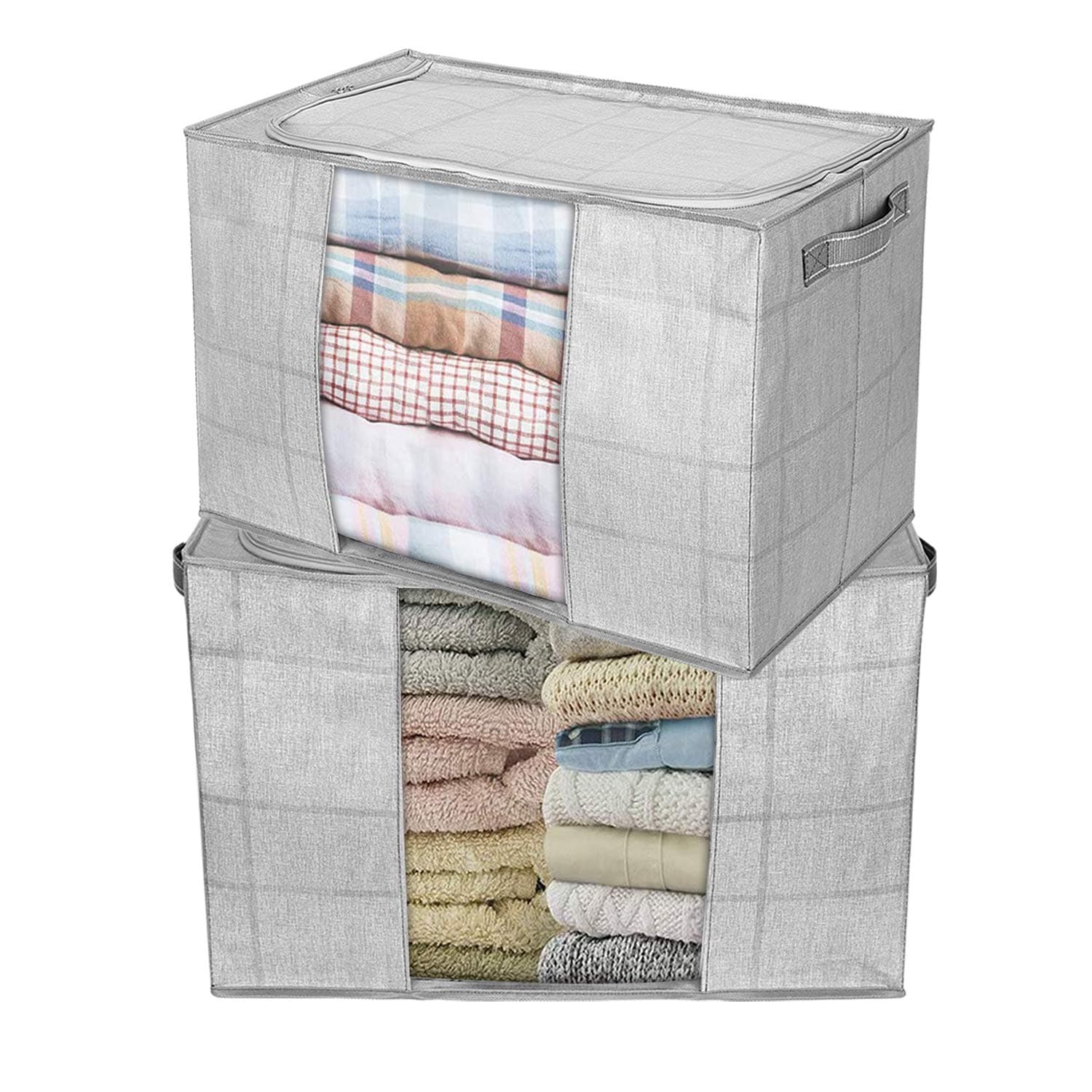 VENO Over-Sized Clothes Storage Bag Organizer with Strong Handle, Side Cardboard for Comforters, Blankets, Bedding, Foldable with Sturdy Zipper, Clear Window, 22 Gal, Gray, Made of Recycled Material