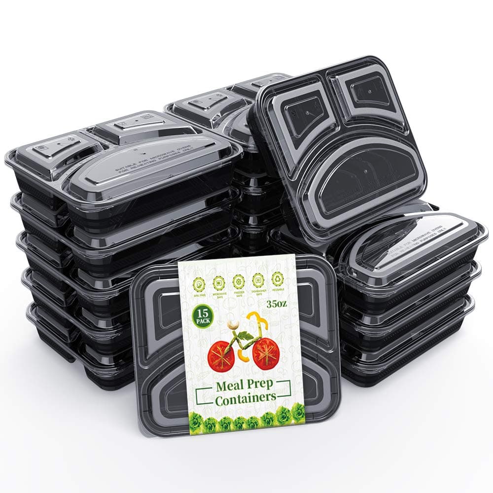 [15 Pack] 3 Compartment Meal Prep Containers BPA Free Portion Control Bento Boxes (35 Oz.)