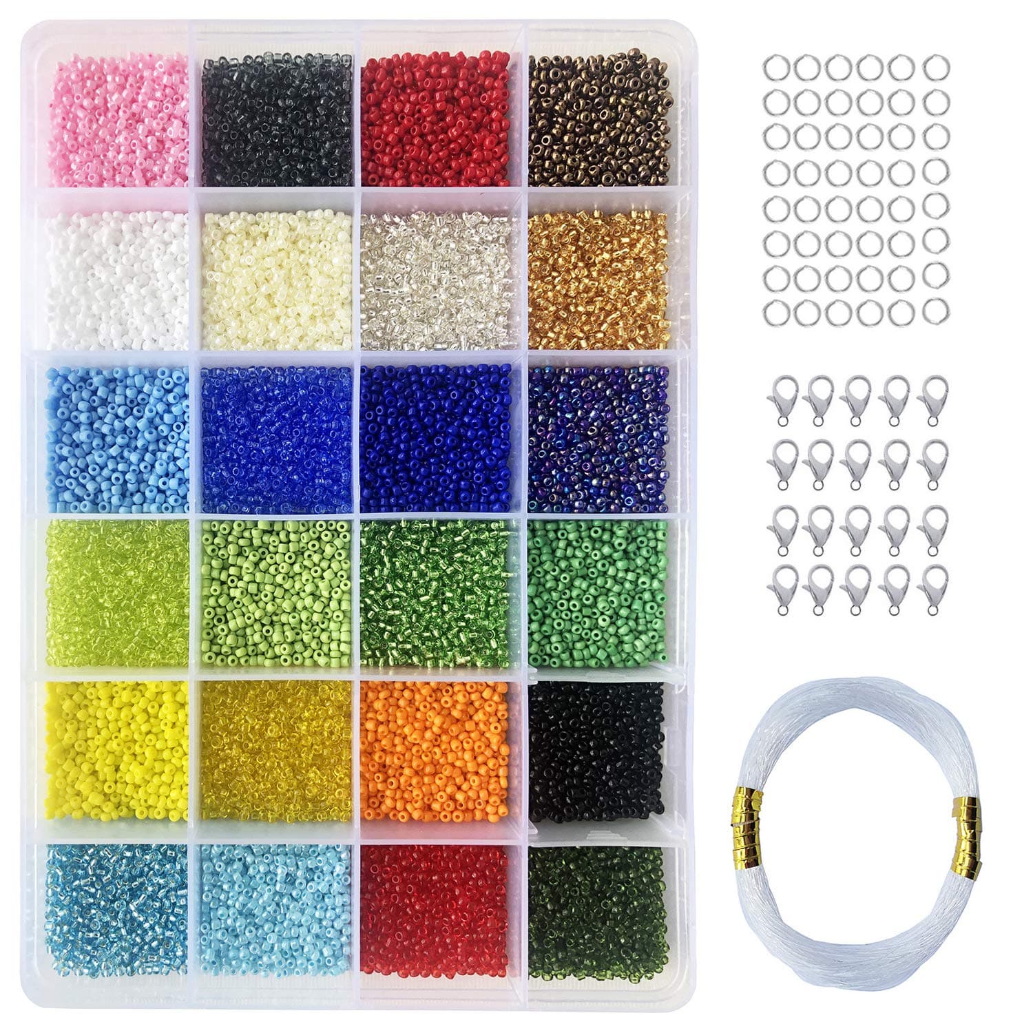 Size 12/0 Crafts Glass Seed Beads 2mm Tiny Pony Beads Assorted Kit with Organizer Box for Jewelry Making (24 Assorted Multicolor Set, Total About 24000pcs)