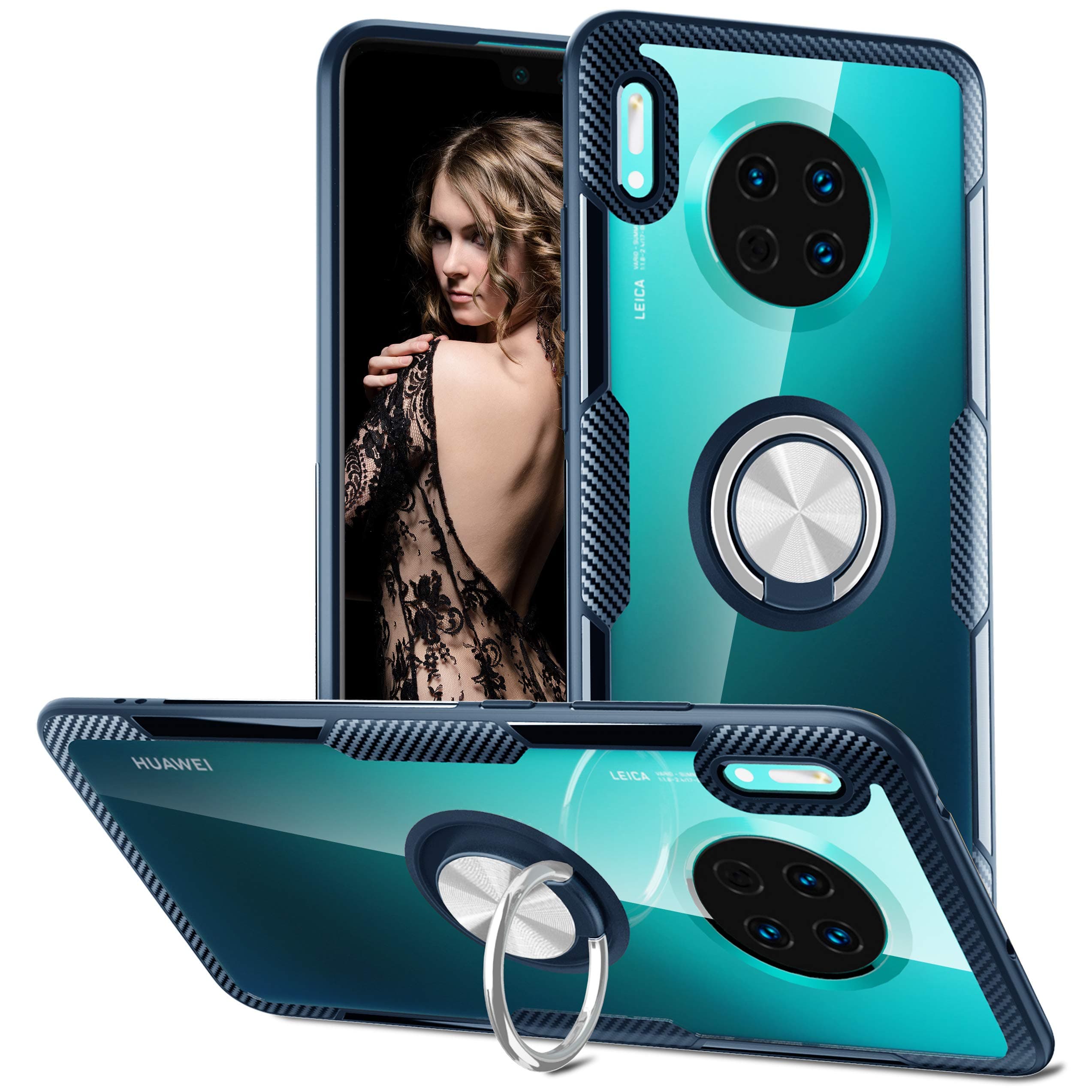 Qseel for Huawei Mate 30 Clear Ring Armor Case, One-Piece Shockproof Cover Hybrid Defender Combined with High-Density TPU Rim, Hard Crystal PC Panel and Built-in Ring Holder (Mate 30, Navy)