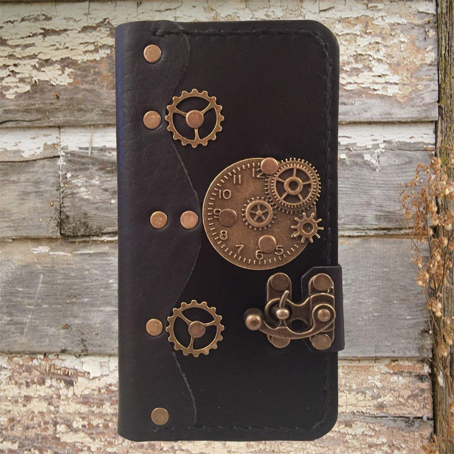 Handmade genuine leather case for iPhone, Steampunk leather wallet case for iPhone