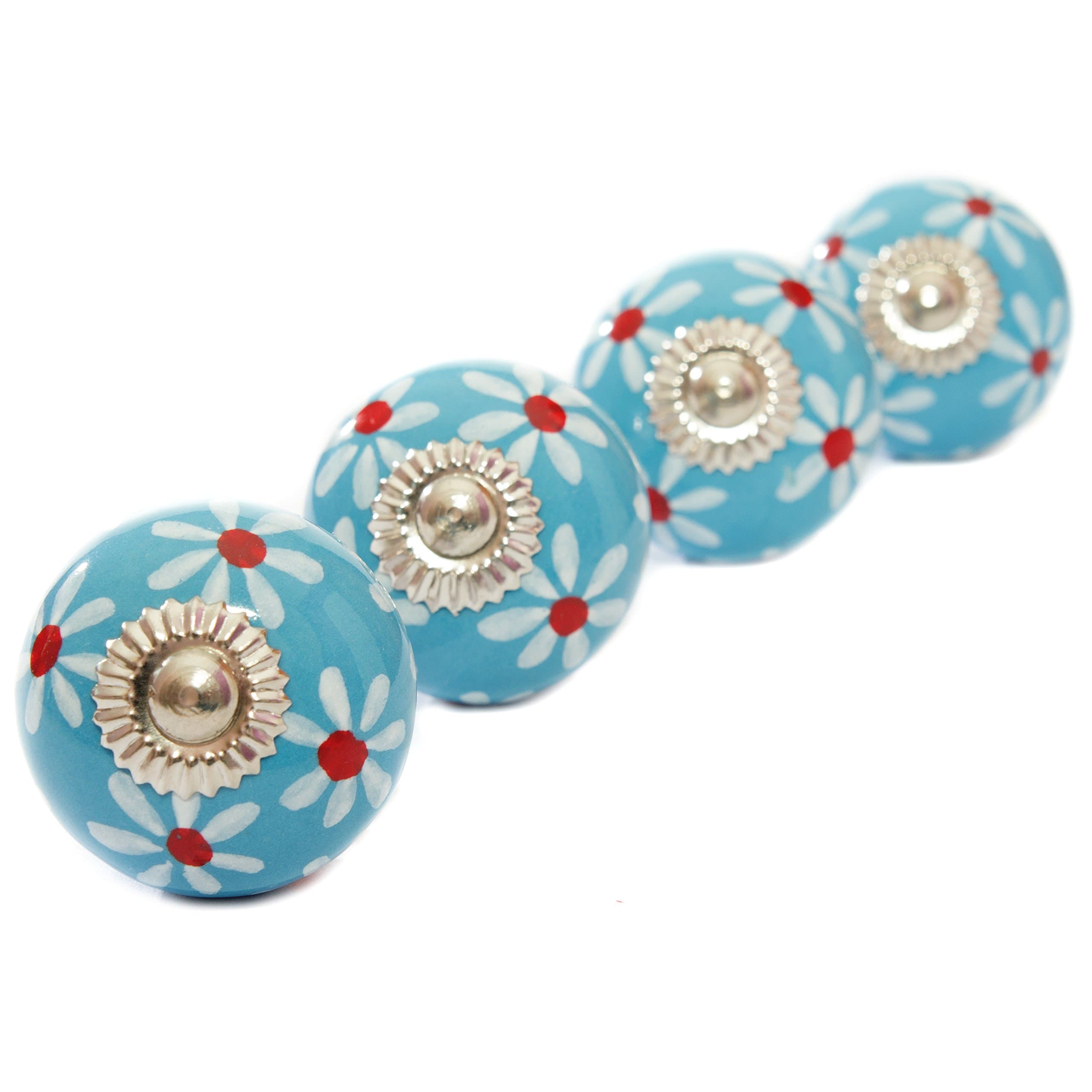 PRETTY Daisy CERAMIC Door Knobs/Drawer Pulls from INDIA. SET of 4. (BD01)