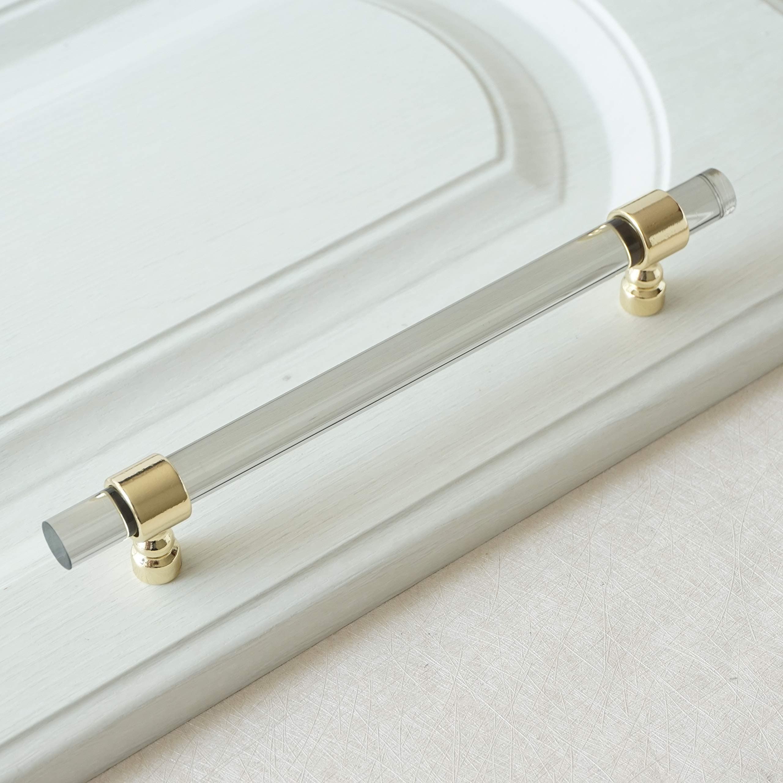 LBFEEL 3.75" 5" 6.3" Grey Acrylic Drawer Handle Lucite Gold Dresser Pulls Kitchen Cabinet Door Handle Pull Knob Hardware 96 128 160mm (6.3" Hole Centers)