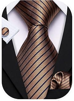 Barry.Wang Stripe Men Ties Set Classic WOVEN Necktie with Handkerchief Cufflinks Formal