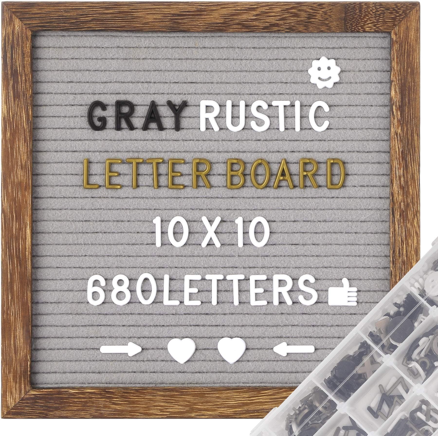 G GAMIT Felt Letter Board in Rustic Wood Frame, Pre-Cut&Sort 680 White&Black&Golden Letters, 10x10 inches Gray Message Board,Word Board &Sign Board with Stand Include Sorting Tray,Wall Mount&Gift Box