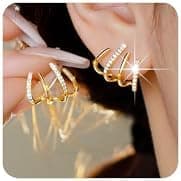 PANSHI 14K Gold Plated Cubic Zirconia Claw Earrings | Sterling Silver Post Half Hoop Earrings for Women