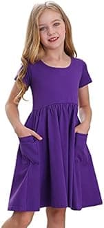 Stelle Girls Short Sleeve Dress Summer Kids Toddler Skater Twirl A Line Solid Color T-Shirt Dress for School Casual 3-12 Y