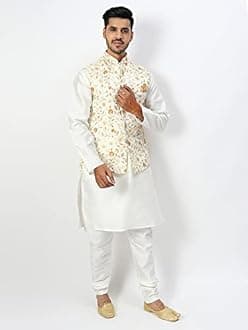 Uri and MacKenzie Men's Silk Blend Regular Kurta Churidar Pyjama with Bundi Nehru Jacket/Waistcoat