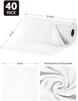 Fantasticlean Microfiber Cloths in a Roll, Reusable and Washable Tear Away Cleaning Rag Towels, for Auto, House, Garage or Kitchen, 12" x 12", 40 Pack (White)
