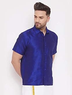 VASTRAMAY Men's Silk Blend Ethnic Shirt - Half Sleeves, South Indian Traditional Shirt for Weddings, Festivals, & Casual Wear