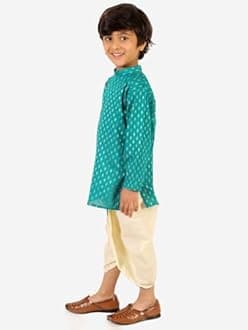 superminis Boy's Cotton Kurta with Dhoti - Golden Thread Work, Solid Round Collar, Full Sleeves, Side Button Kurta Set for Ethnic Wear