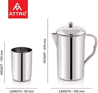 Attro Stainless Steel Jug Set with 2 Glass with Lid, Look Perfect on Dinning Table 1500 ml - Silver