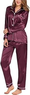 SWOMOG Women's Pyjama Set Silk Satin Long Sleeve Button Down Pyjamas Two Piece Comfy Sleepwear and Loungewear Set