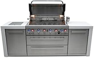Mont Alpi MAi805-D 44-Inch 6-Burner 115000 BTU Stainless Steel Outdoor Kitchen Bar Island Barbecue Gas Grill with Ceramic Infrared Rear & Side Burner + Granite Countertops + Storage Cabinets & Wheels