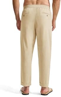Rdruko Men's Lightweight Casual Pants Slim Fit Cotton Linen Pants Elastic Waist Summer Beach Pants with Pockets